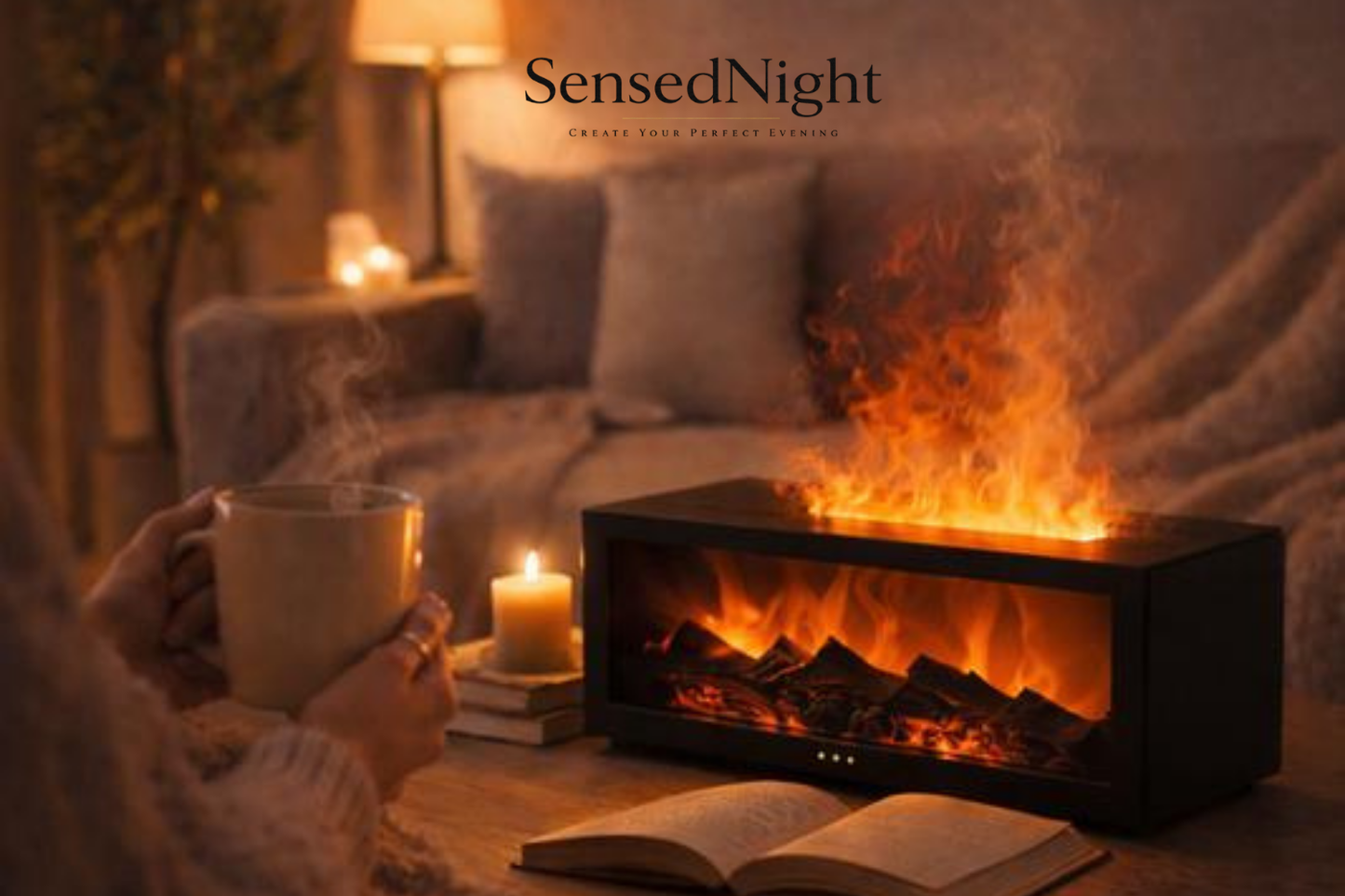 Ultrasonic Fireplace Aroma Diffuser with Realistic LED Flame | Sensed Night™